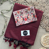 Marun Handloom Khadi Cotton Saree With Ikkat Print Blouse